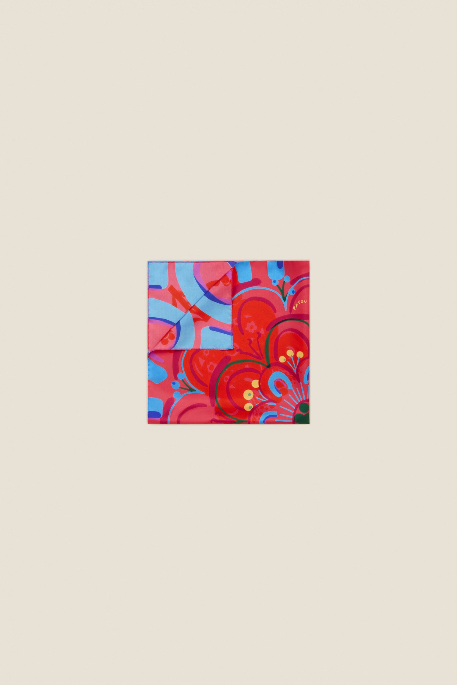 Patou - Floral print silk foulard - Strawberry Flower - A fantasy winter garden of rare Patou blooms. Silk twill square scarf featuring a Strawberry Flower pattern. Entirely drawn by hand. Handwritten Patou signature.
