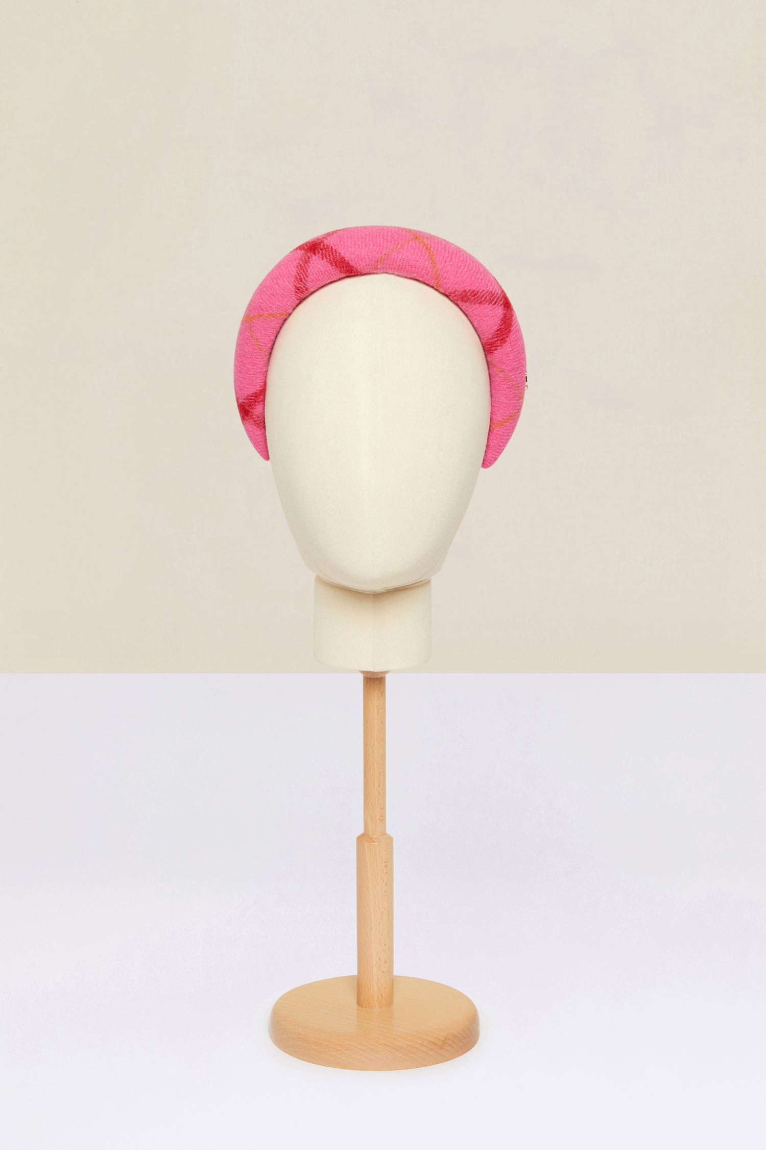 Patou - Padded headband in checked wool - Pink Checkerboard - A bright wool crown fit for modern-day royalty.Virgin wool headband featuring a Pink Checkerboard pattern. Thick padded style. Gold-coloured JP logo. Grosgrain-lined underside with embroidered Patou label.