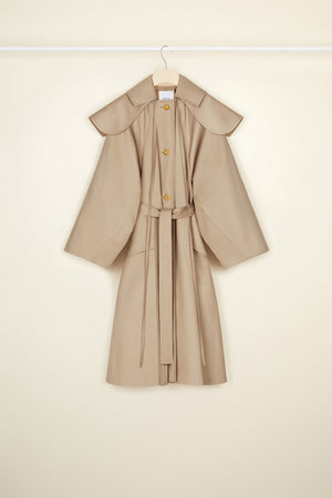 Oversized belted coat in organic gabardine with detachable collar