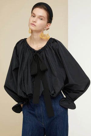 Drawstring puff sleeve top in eco-friendly faille