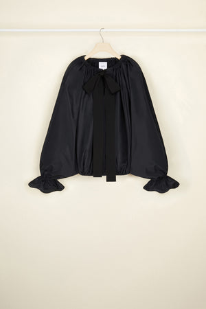 Drawstring puff sleeve top in eco-friendly faille