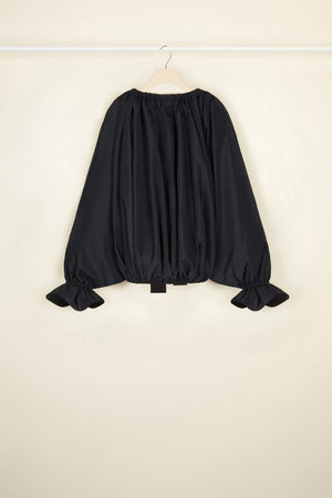 Drawstring puff sleeve top in eco-friendly faille