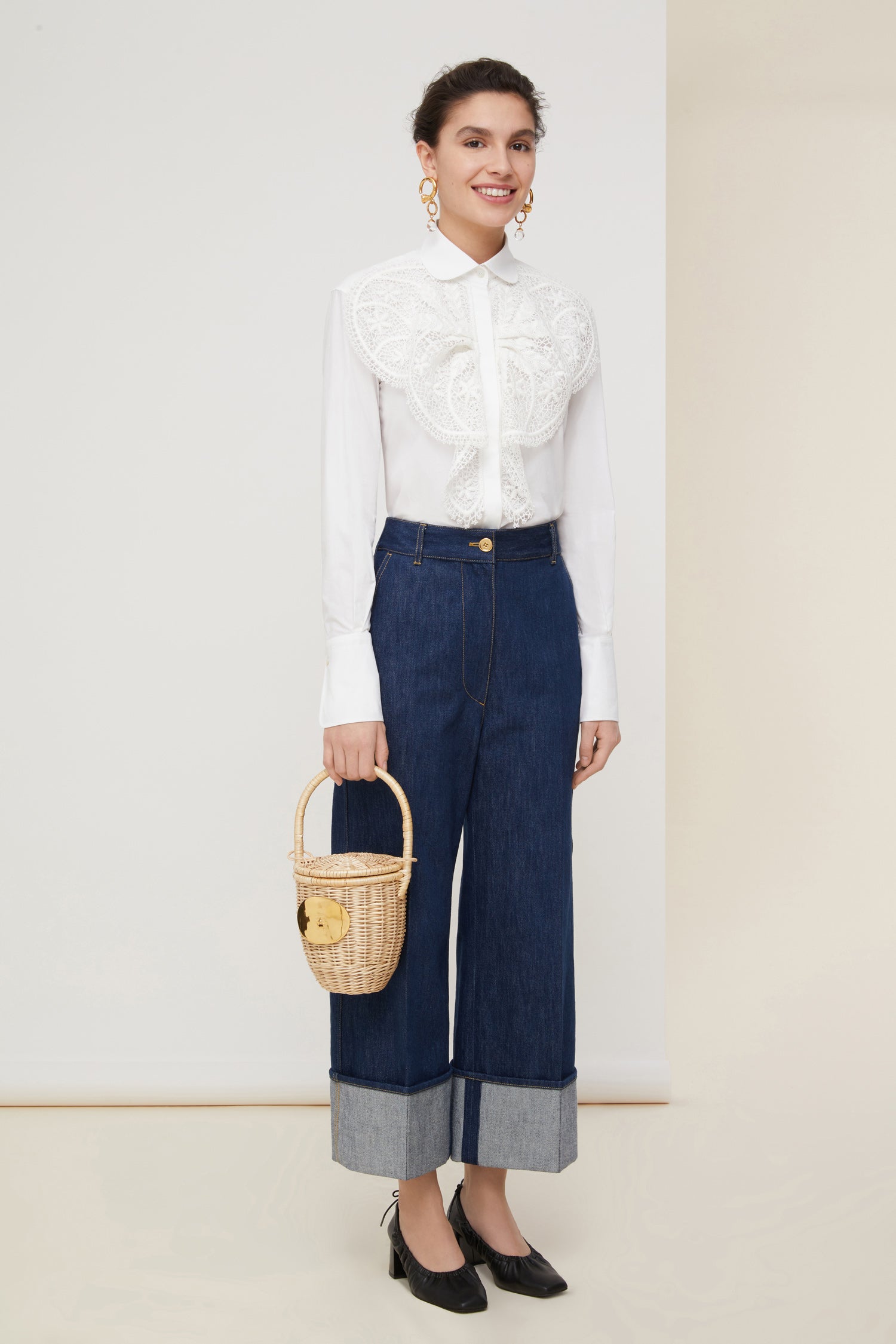 Patou - Lace bib shirt - White - The sheer seduction of guipure lace.White cotton poplin shirt with white floral lace bib at the front. Classic shirt collar and concealed button fastening. Buttoned cuffs.