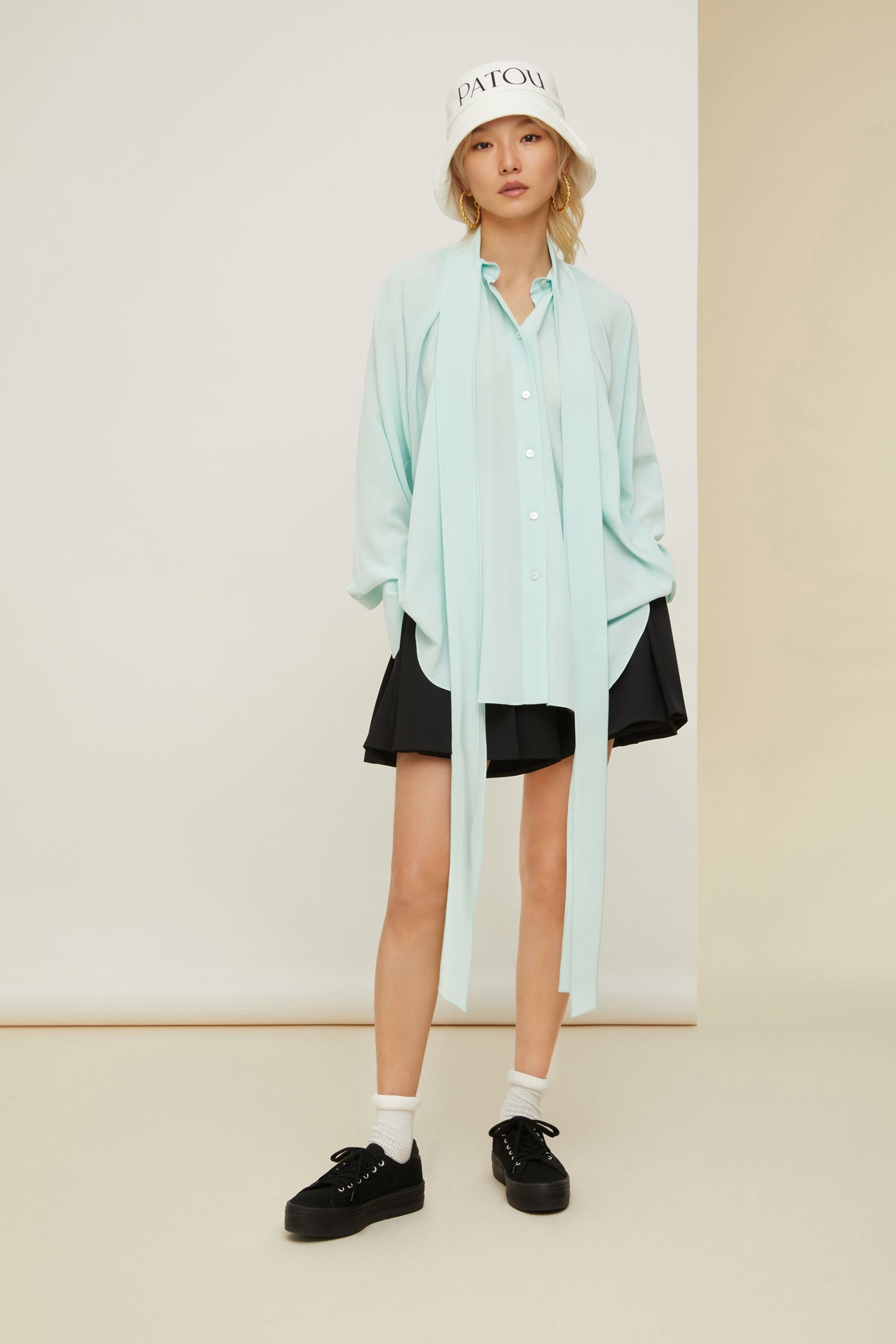 Patou - Silk lavallière blouse - Water Green - Daily glow, wrapped in a Patou bow. Green Waterfall silk crepe blouse. Lavallière collar with long ties at the front. Pleating at the front and back to create draping, Button fastening with JP engraved buttons. Buttoned cuffs.
