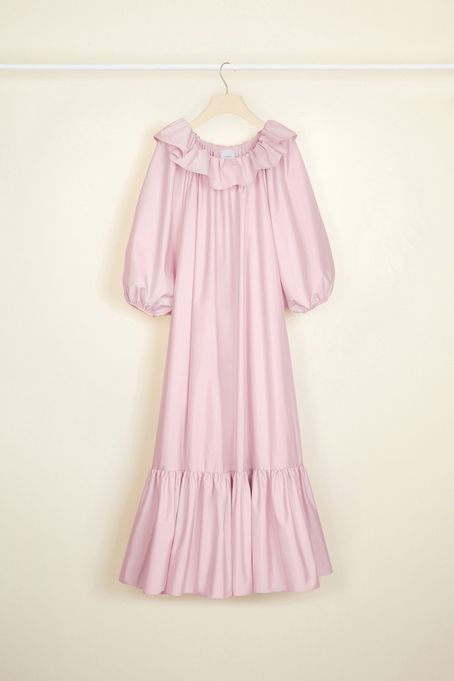 Patou - Maxi dress in eco-friendly faille - Peony - Evening volumes in a Patou palette.Peony pink eco-friendly faille maxi dress. Elasticated neckline with ruffle that can be worn off the shoulders. Long  balloon sleeves with elasticated cuffs. Removable belt at the waist. Tiered hem.
