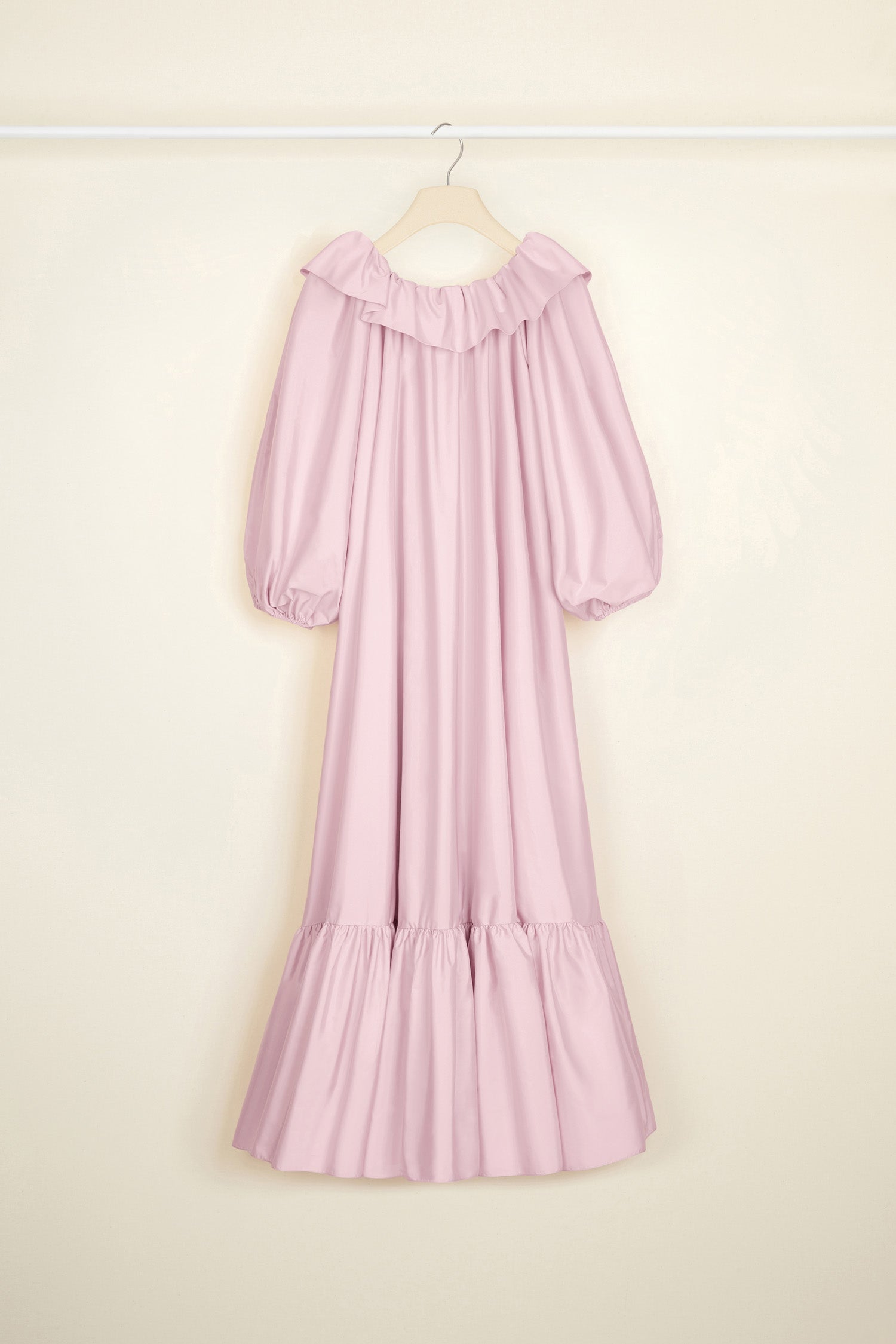 Patou - Maxi dress in eco-friendly faille - Peony - Evening volumes in a Patou palette.Peony pink eco-friendly faille maxi dress. Elasticated neckline with ruffle that can be worn off the shoulders. Long  balloon sleeves with elasticated cuffs. Removable belt at the waist. Tiered hem.