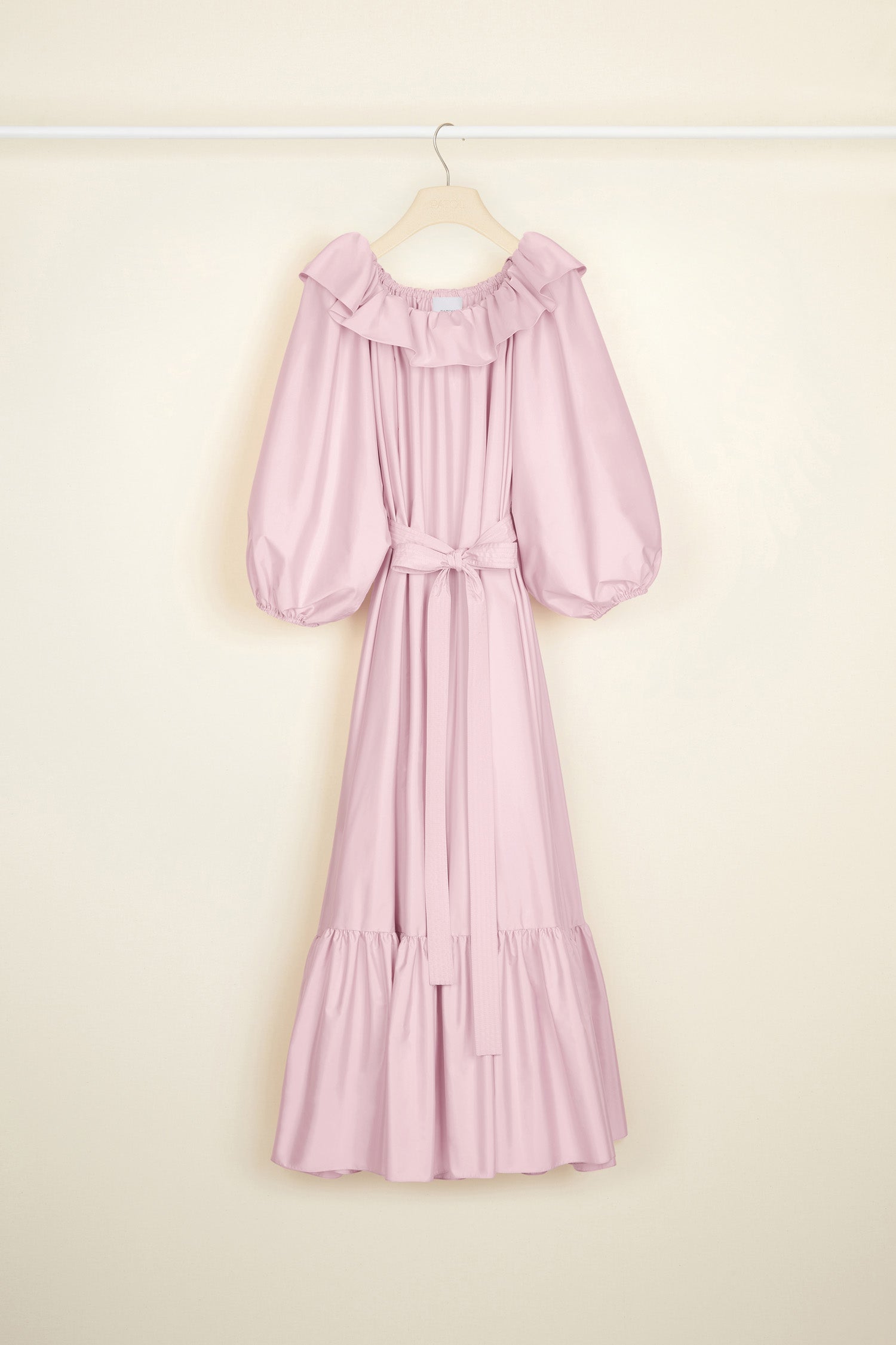 Patou - Maxi dress in eco-friendly faille - Peony - Evening volumes in a Patou palette.Peony pink eco-friendly faille maxi dress. Elasticated neckline with ruffle that can be worn off the shoulders. Long  balloon sleeves with elasticated cuffs. Removable belt at the waist. Tiered hem.