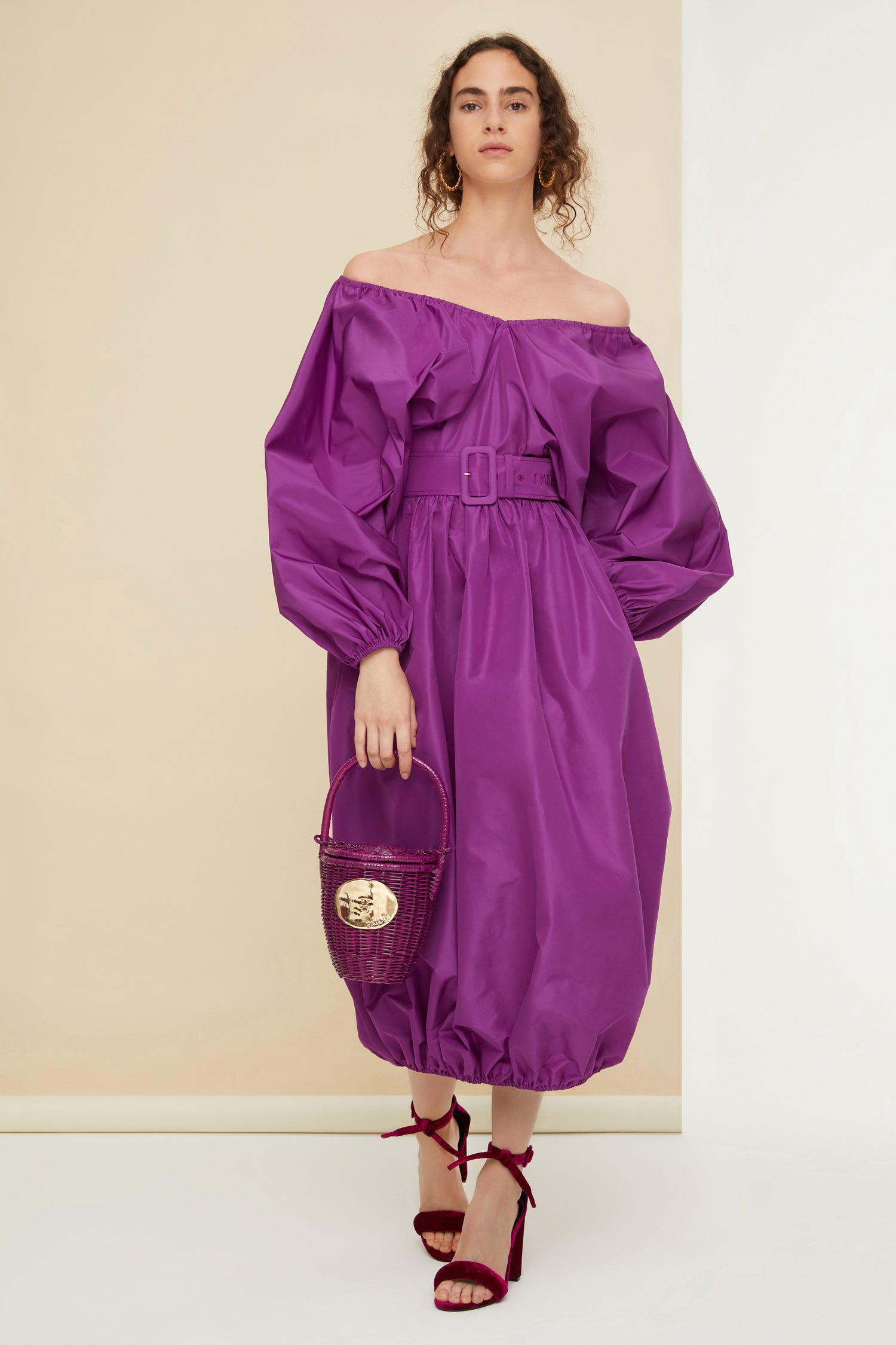 Patou - Belted maxi dress in eco-friendly faille - Anemone - Much volume and a zest of couture, a recipe for a Patou cocktail sensation.Anemone purple dress in eco-friendly faille. Maxi length. Elasticated V neckline. Volume sleeves with elasticated cuffs. Wide fabric belt with buckle fastening at the waist. Elasticated hem.