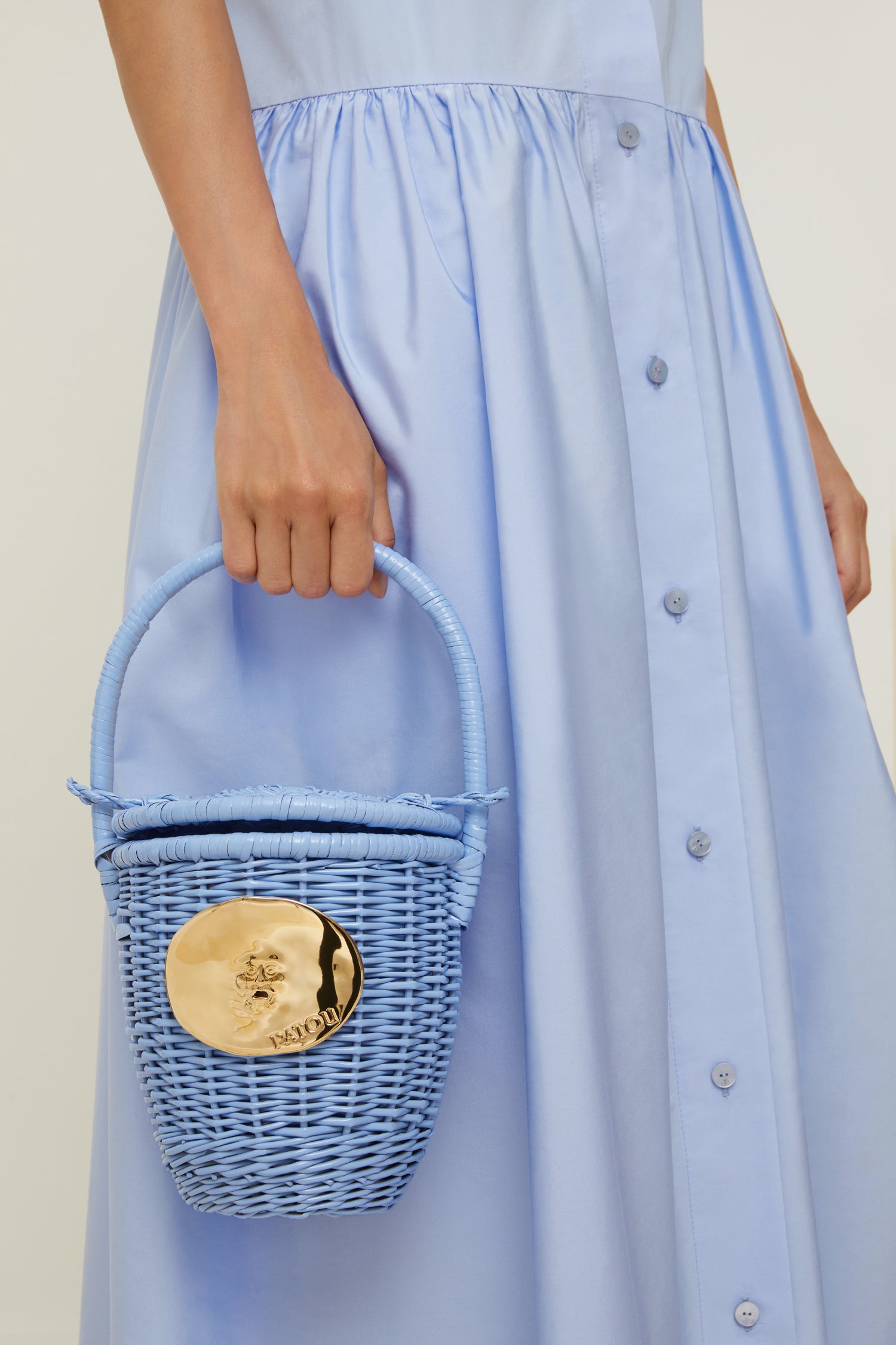 Patou - Ruffle sleeve maxi dress in organic cotton - Aurora - Ruffles and volume: a summer classic that is classic Patou.Aurora light blue organic cotton dress. Maxi length. Short sleeves with ruffle detail. Round neckline. Button fastening at the front with JP engraved buttons. Belt at the waist.