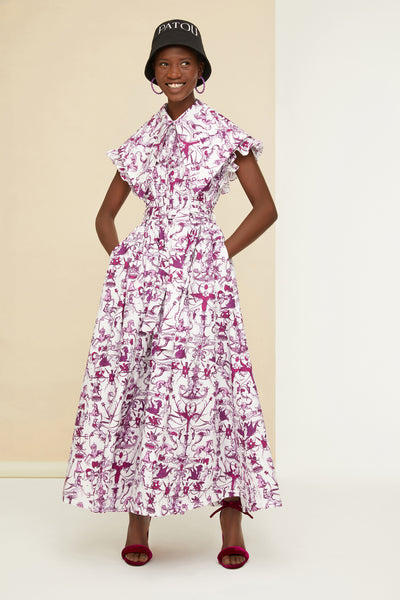 Ruffle sleeve maxi dress in printed organic cotton