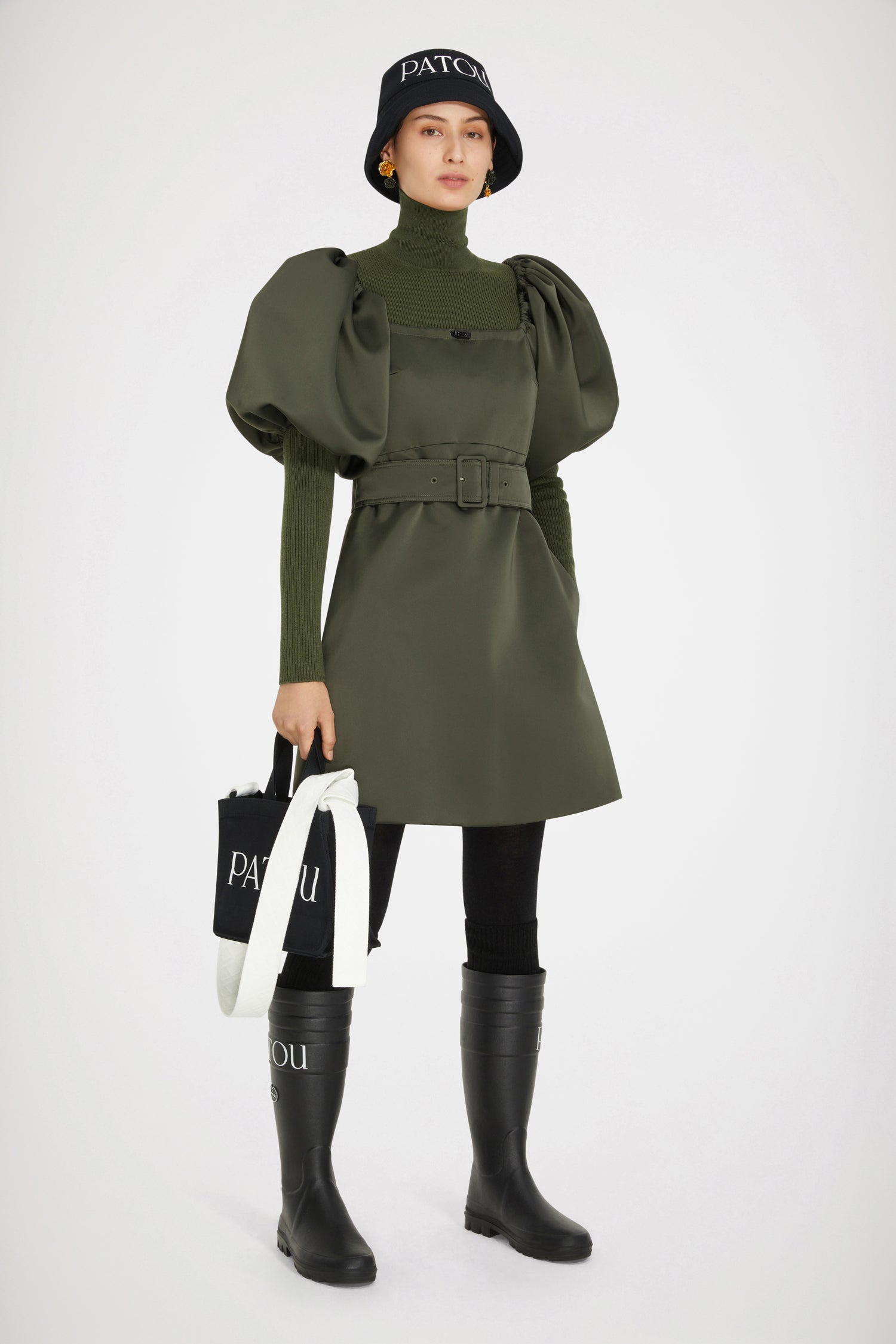 Patou - Balloon sleeve mini dress in recycled satin - Khaki - Sculpted sleeves for daytime. Khaki recycled satin dress. Short hemline. Fit and flare silhouette. Square neckline with drawstring detail. High-volume balloon sleeves with elasticated cuffs. Pockets at the sides. Sold without the belt.