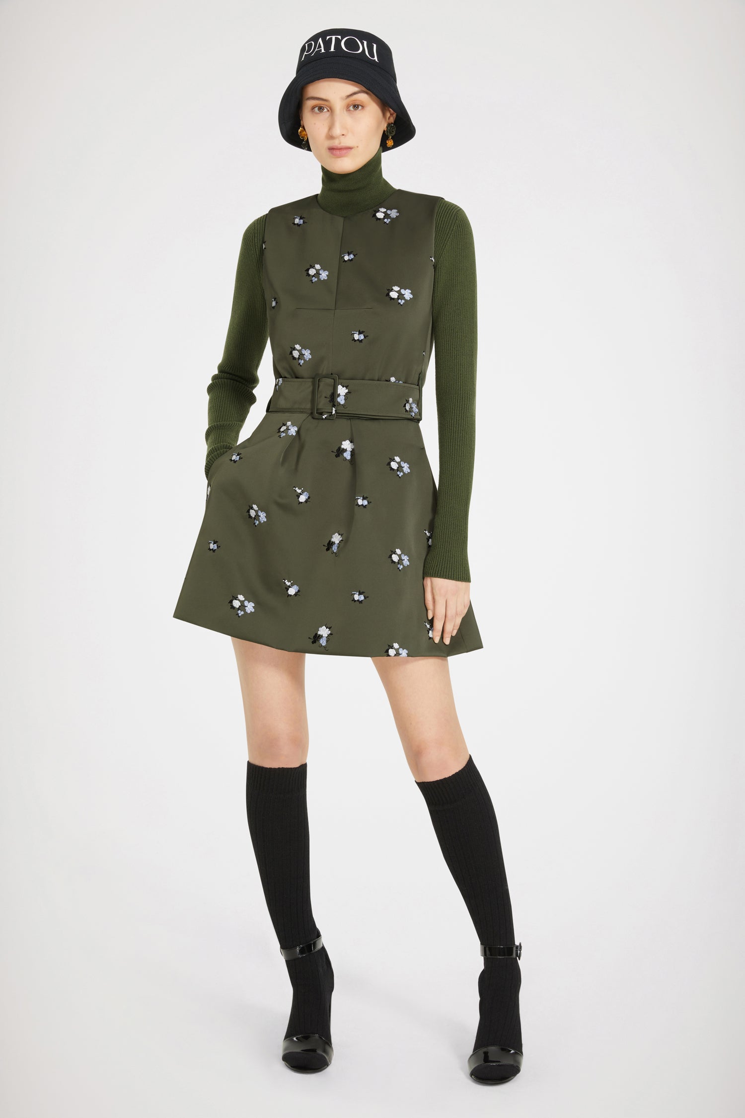 Patou - Embroidered mini dress in recycled satin - Khaki - Delicate embroideries make a delightful statement. Khaki recycled satin dress. Floral embroideries all over. Short hemline. Fit and flare silhouette. Zip fastening and signature curved seam at the back. Adjustable buckle belt at the waist. Pockets at the sides.