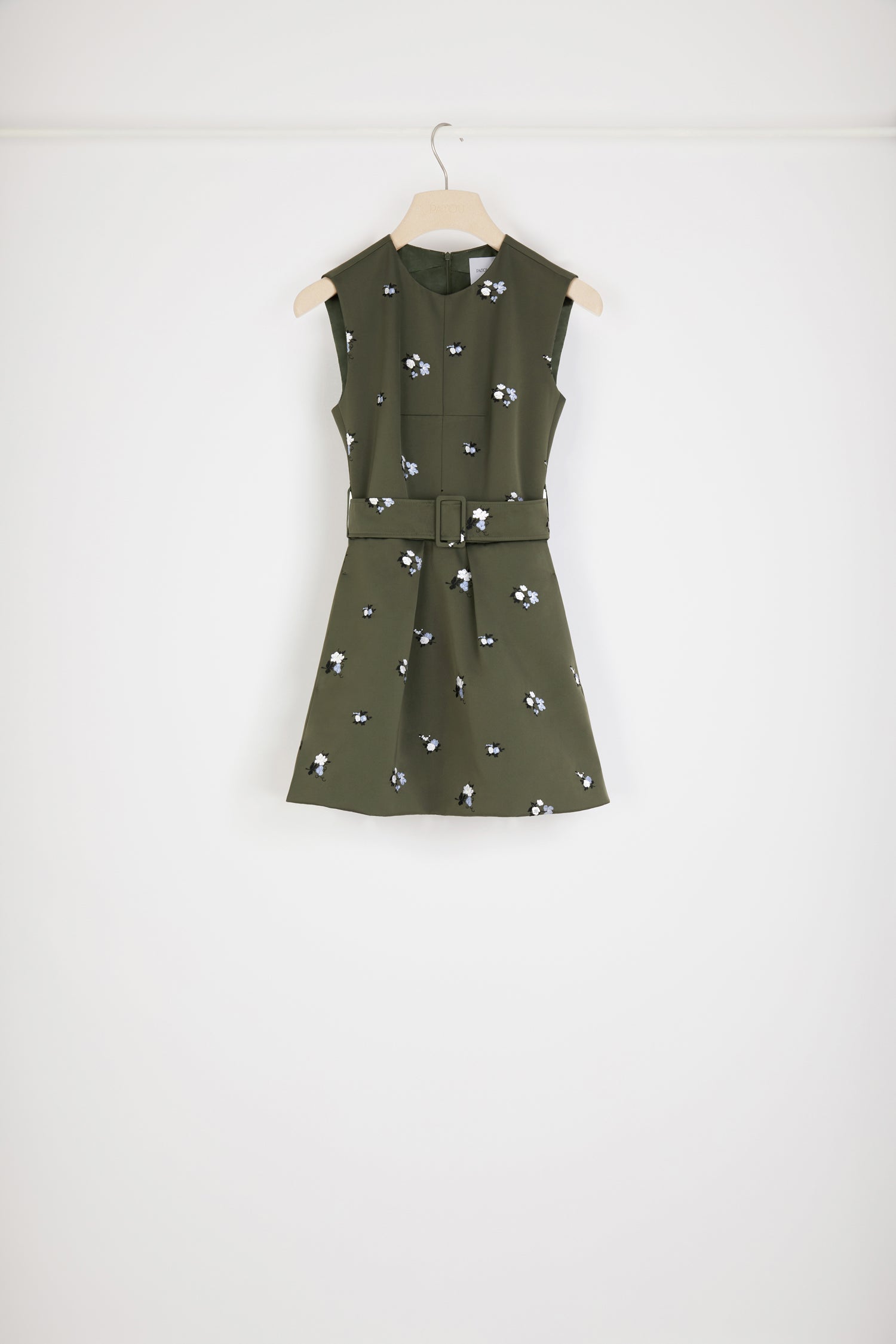Patou - Embroidered mini dress in recycled satin - Khaki - Delicate embroideries make a delightful statement. Khaki recycled satin dress. Floral embroideries all over. Short hemline. Fit and flare silhouette. Zip fastening and signature curved seam at the back. Adjustable buckle belt at the waist. Pockets at the sides.
