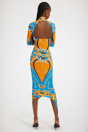 Open-back dress in printed organic stretch seersucker