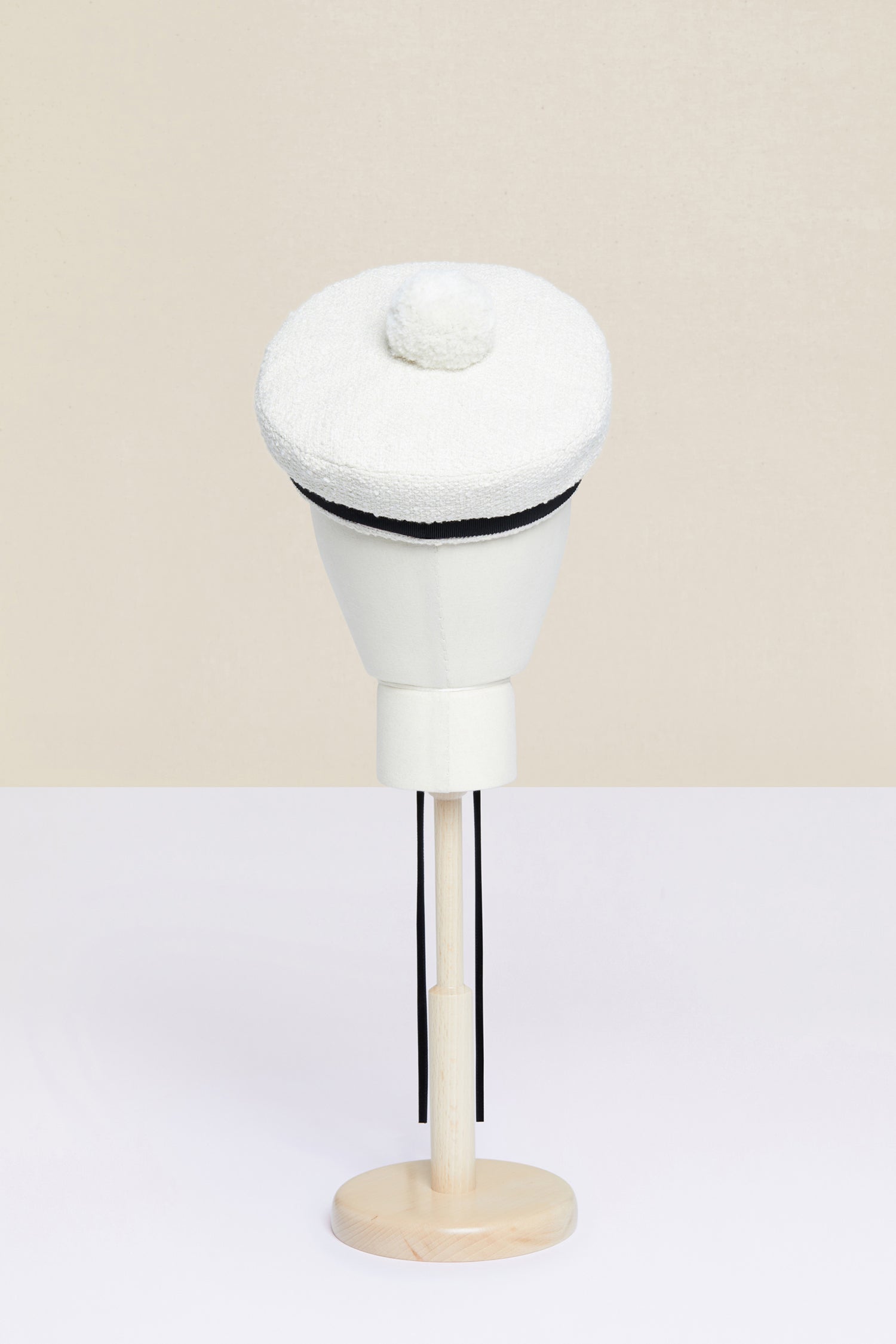 Patou - Tweed sailor hat - Sand - With a pompom on top!Patou’s take on the traditional sailor hat, crafted from sand white cotton tweed. Contrasting black grosgrain base with lettering logo embroidered in gold letters. Fastens via black velvet ties. Topped off with a detachable white pompom.
