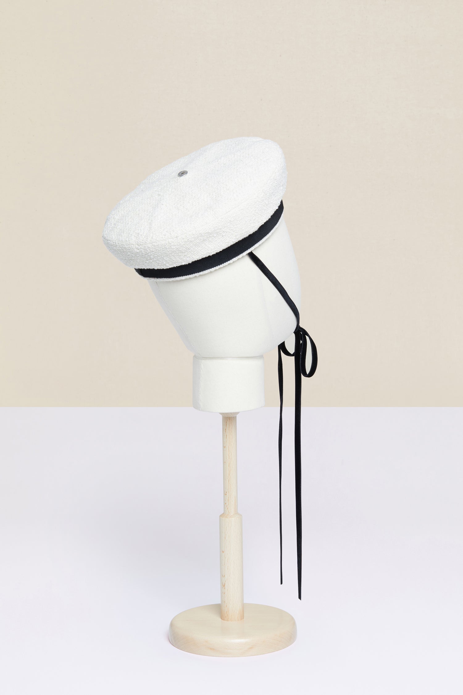 Patou - Tweed sailor hat - Sand - With a pompom on top!Patou’s take on the traditional sailor hat, crafted from sand white cotton tweed. Contrasting black grosgrain base with lettering logo embroidered in gold letters. Fastens via black velvet ties. Topped off with a detachable white pompom.