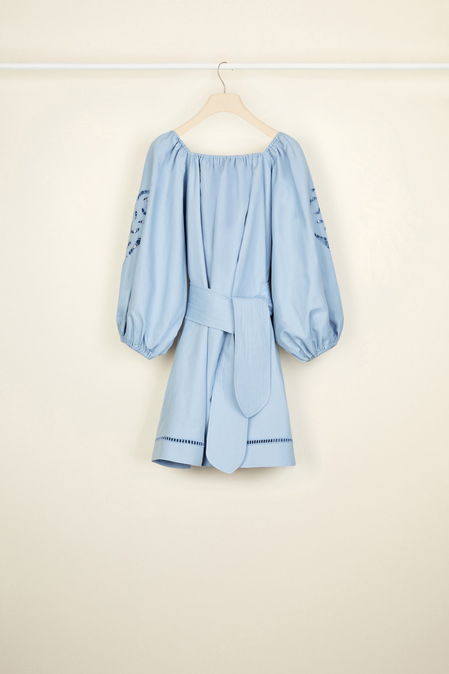 Patou - Openwork linen and cotton dress - Blueberry - Bare-shouldered and embroidered.Blueberry light blue linen and cotton mini dress. Openwork detailing all over. Elasticated neckline that can be worn off the shoulders. Puffy sleeves with elasticated cuffs. Wide belt at the waist. Pockets at the sides.