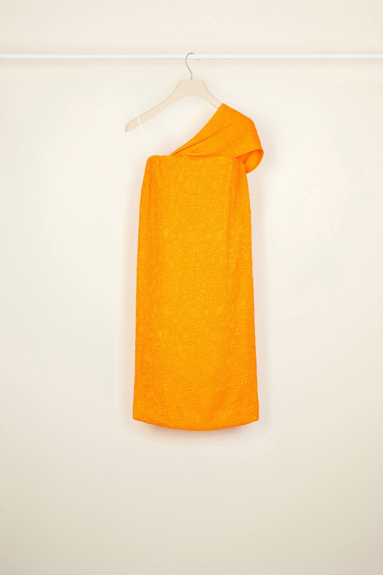 Patou - One-shoulder cloqué dress - Tangerine - Evening alternates.Tangerine eco-conscious cloqué viscose dress. Elasticated strapless style with an asymmetrical neckline that drapes around the shoulder. Concealed zip at the side.