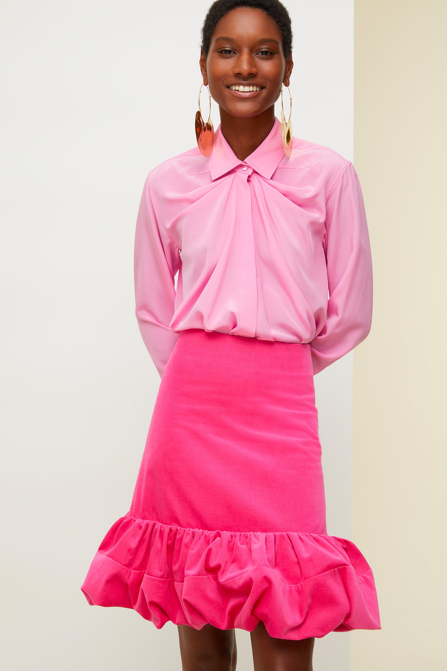 Patou - Draped silk blouse - Peony - Delicately draped, effortlessly elegant.Peony silk blouse. Longline draped silhouette with shirring at the neckline. Engraved mother of pearl buttons at the collar and cuffs ; concealed button fastening. Signature curved seam at the back.