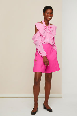 Cold-shoulder silk blouse