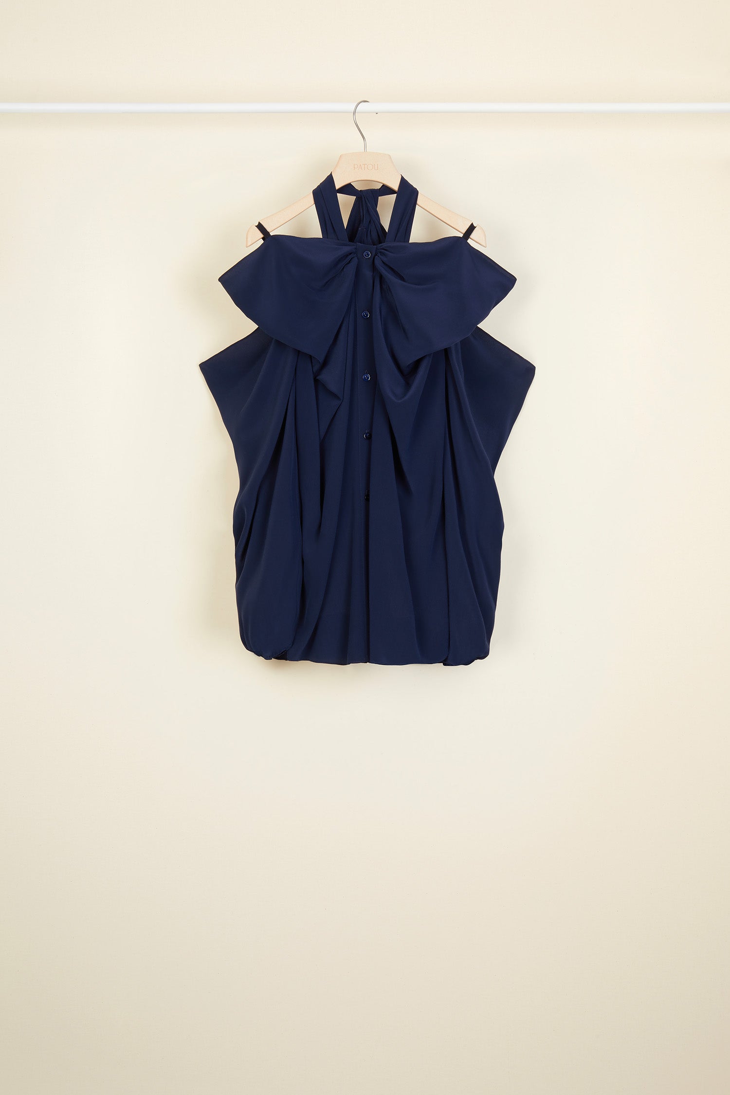 Patou - Cold-shoulder silk blouse - Navy - A masterclass in cutting and draping.Silk blouse with oversized bow at the front and shoulder cut-outs. Halterneck straps that cross at the back. Engraved mother of pearl buttons at the front and elasticated cuffs.