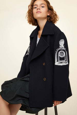Oversized embroidered virgin wool peacoat