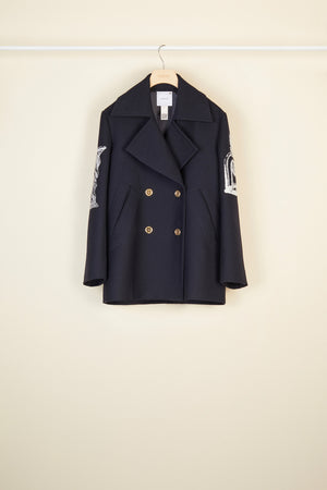 Oversized embroidered virgin wool peacoat
