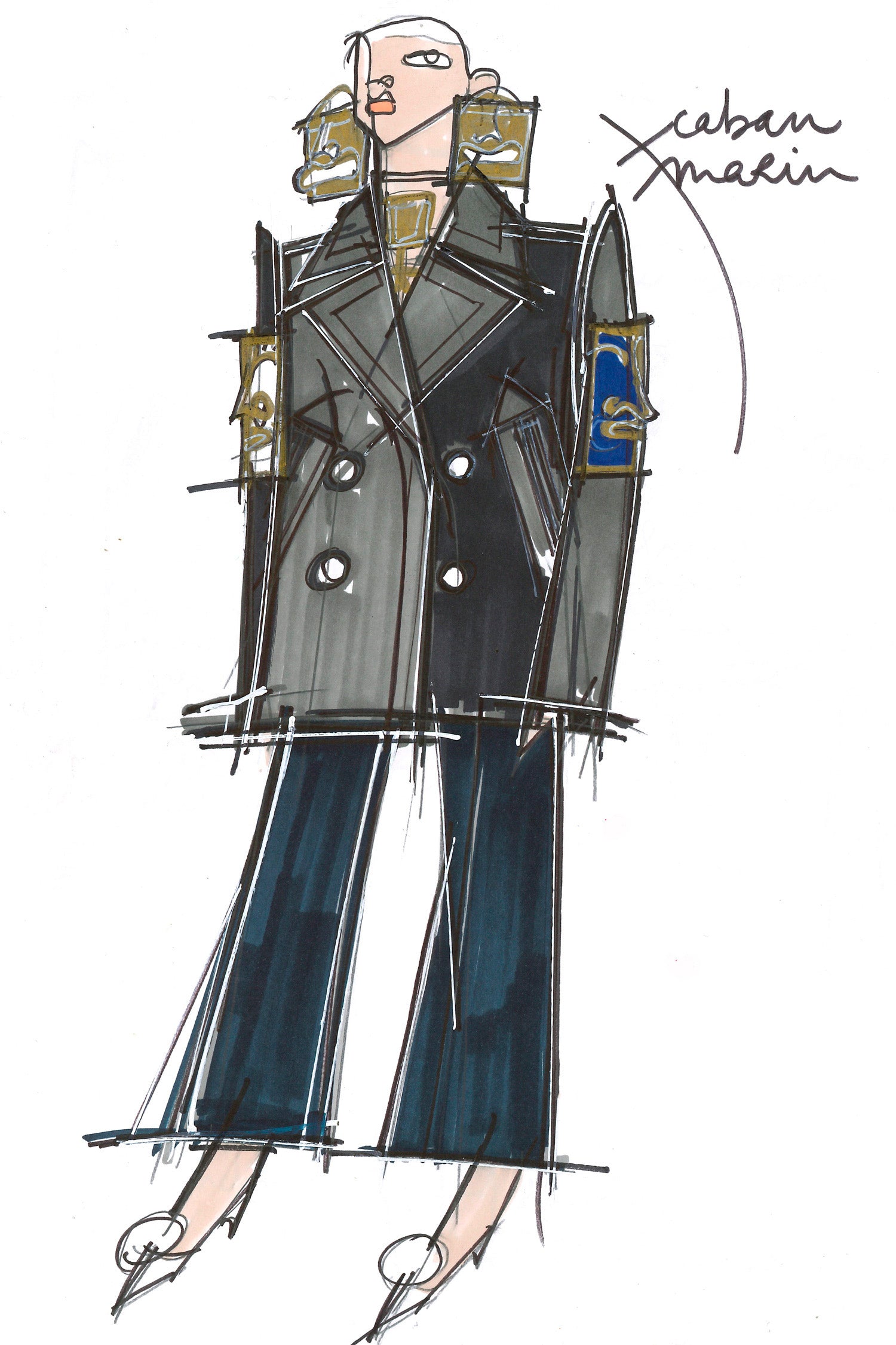 Patou - Oversized embroidered virgin wool peacoat - Navy - A day coat with a touch of fantasy!  Navy virgin wool peacoat. Double-breasted style with exaggerated lapels. Embroidered with white Patou heritage motifs (perfume bottle, Greek column). Gold-coloured buttons and gold embroidered logo on the sleeve. Slit pockets at the sides. Fully lined.