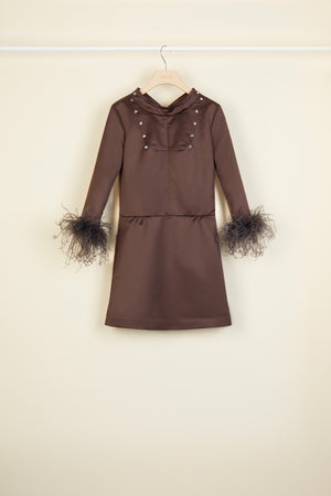 Feather-embellished satin dress