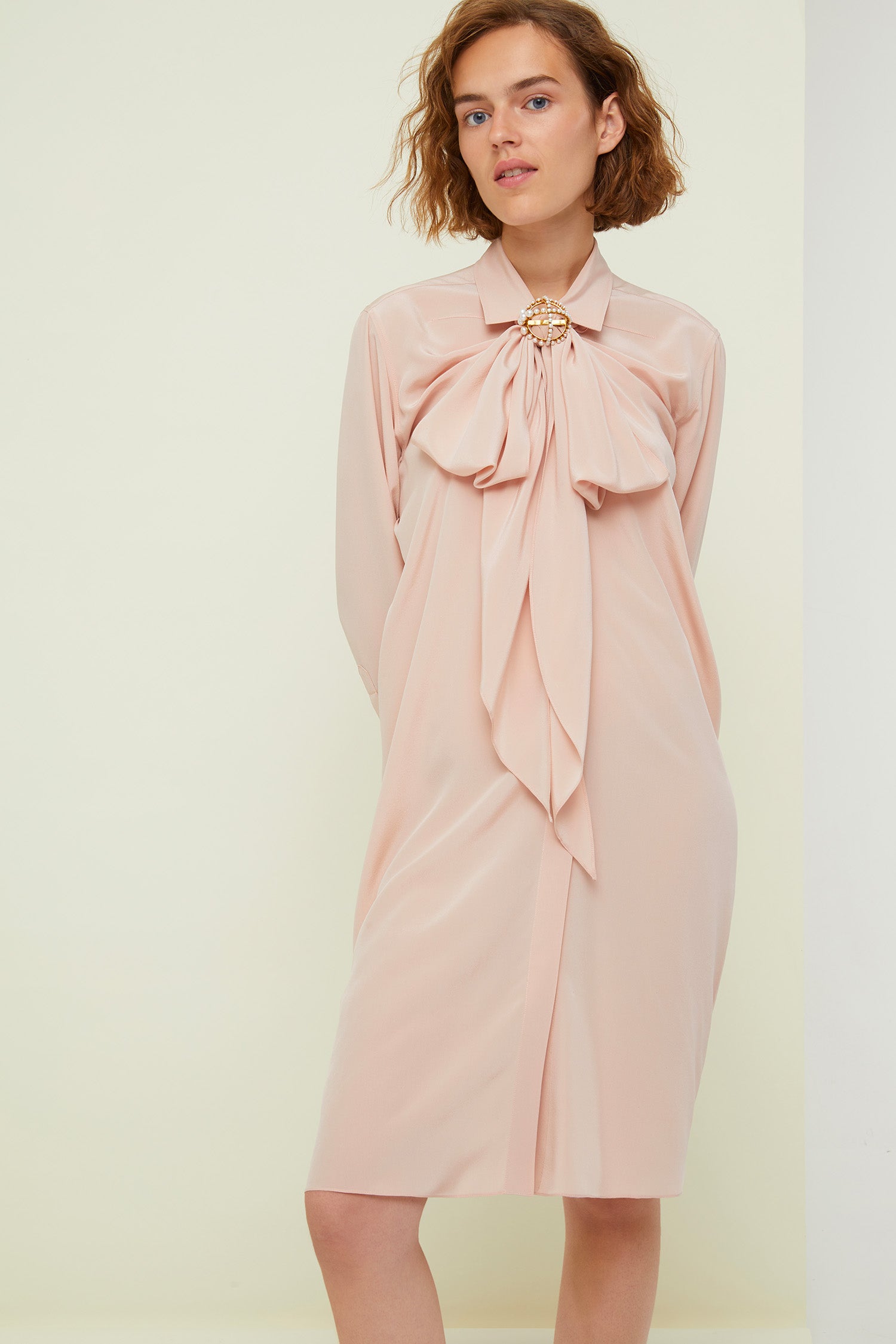Patou | Pussy-bow mini silk shirtdress - Golden Beige Patou | Pussy-bow mini silk shirtdress - Golden Beige