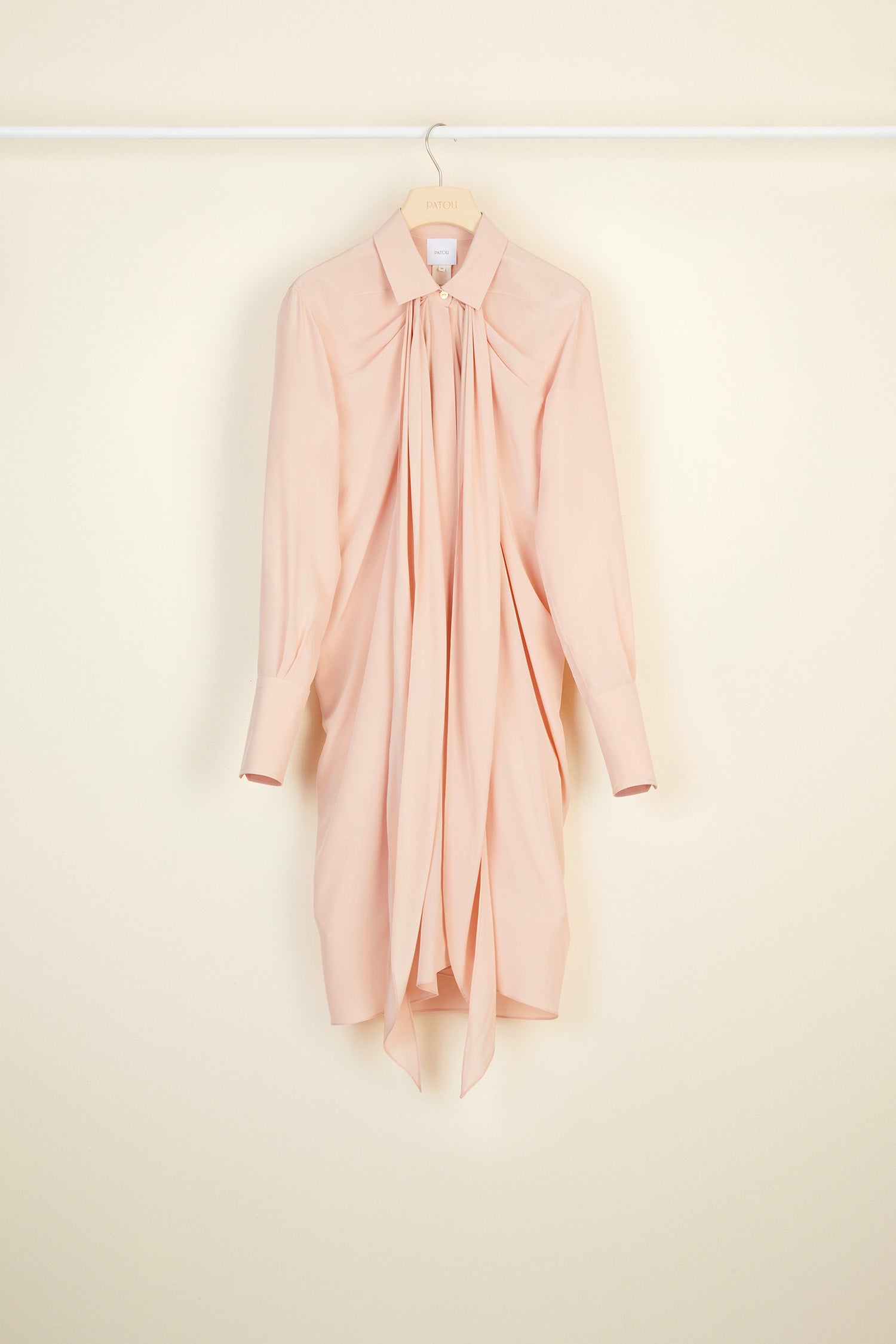 Patou - Pussy-bow mini silk shirtdress - Golden Beige - The understated appeal of the undone pussy bow.  Golden beige silk crepe mini shirtdress. Classic shirt collar with loose pussy-bow ties and shirred detailing around the neckline. Concealed engraved mother-of-pearl buttons down the front; buttoned cuffs. Pearl brooch sold separately.