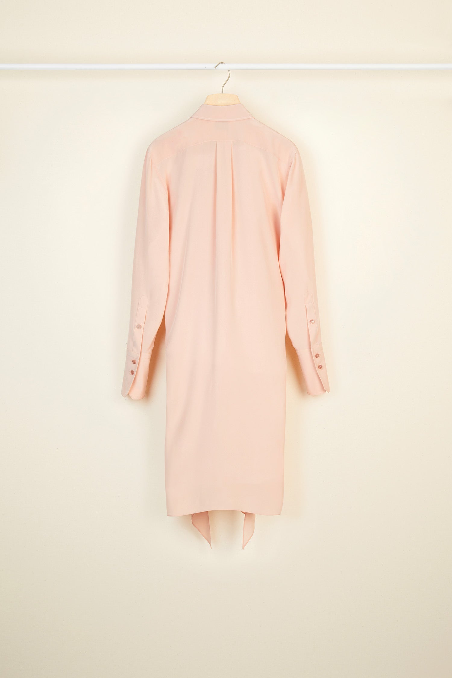 Patou - Pussy-bow mini silk shirtdress - Golden Beige - The understated appeal of the undone pussy bow.  Golden beige silk crepe mini shirtdress. Classic shirt collar with loose pussy-bow ties and shirred detailing around the neckline. Concealed engraved mother-of-pearl buttons down the front; buttoned cuffs. Pearl brooch sold separately.