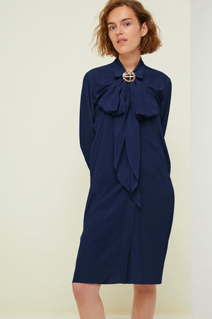 Pussy-bow mini silk shirtdress