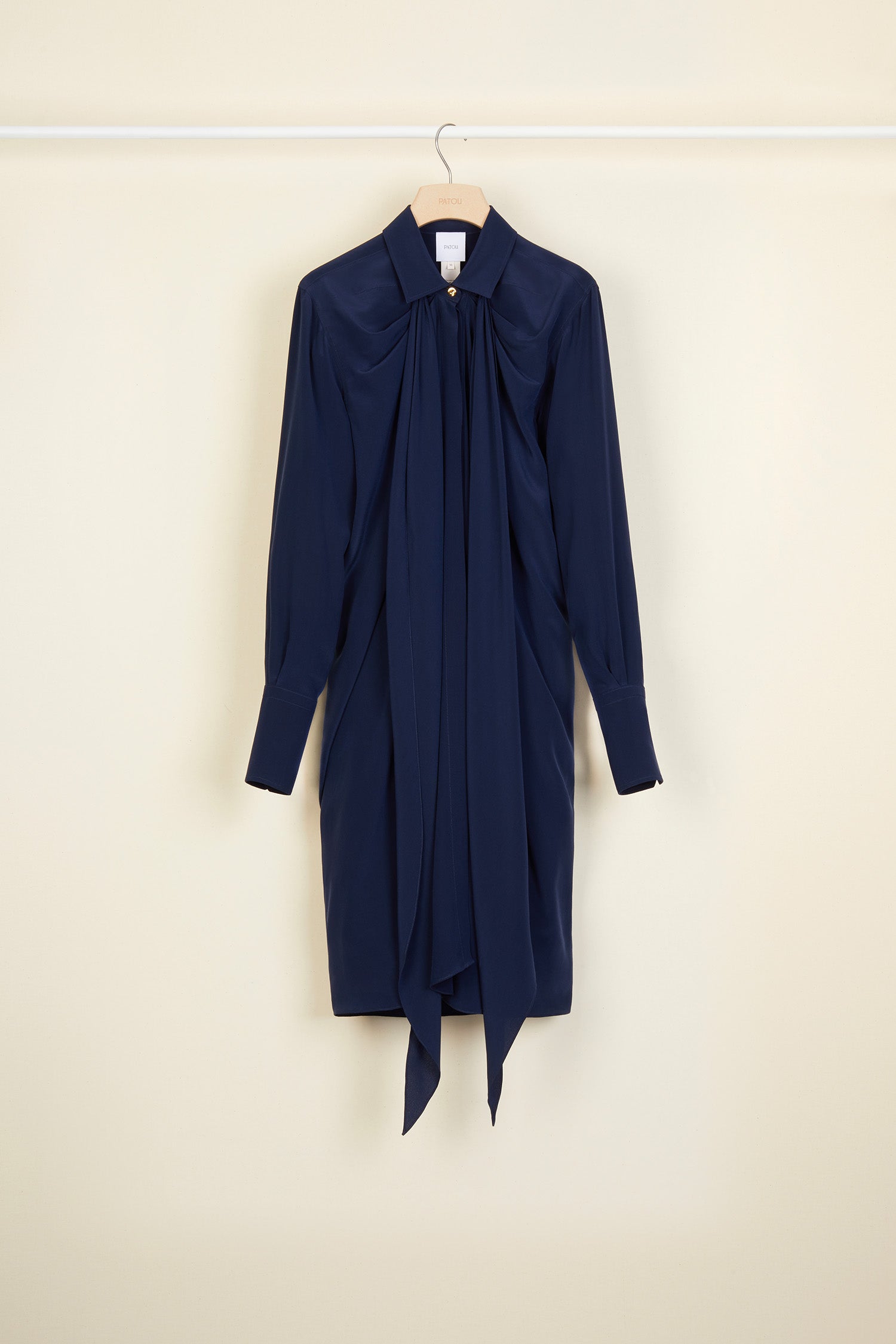 Patou - Pussy-bow mini silk shirtdress - Navy - The understated appeal of the undone pussy bow.Silk crepe mini shirtdress. Classic shirt collar with loose pussy-bow ties and shirred detailing around the neckline. Concealed engraved mother-of-pearl buttons down the front; buttoned cuffs.