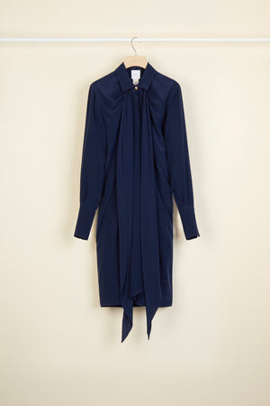 Pussy-bow mini silk shirtdress