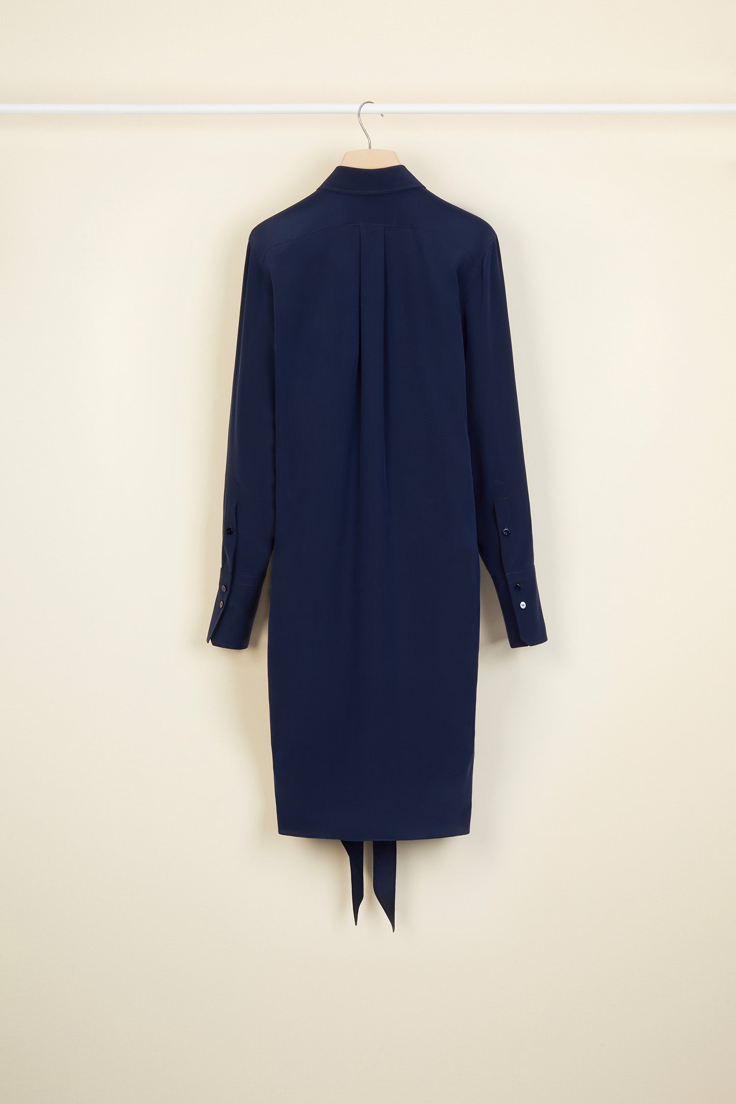 Patou - Pussy-bow mini silk shirtdress - Navy - The understated appeal of the undone pussy bow.Silk crepe mini shirtdress. Classic shirt collar with loose pussy-bow ties and shirred detailing around the neckline. Concealed engraved mother-of-pearl buttons down the front; buttoned cuffs.