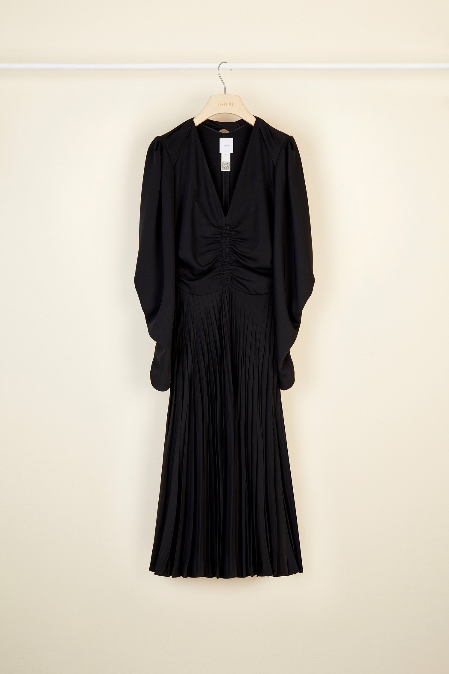 Patou - Twisted collar pleated dress - Black - Twists and turns and pleats.  Black cady midi dress. Deep V neckline, twisted cut-out collar at the back. Shirred detailing at the front. Long dolman sleeves with shirred elbows and zipped cuffs. Fully lined.