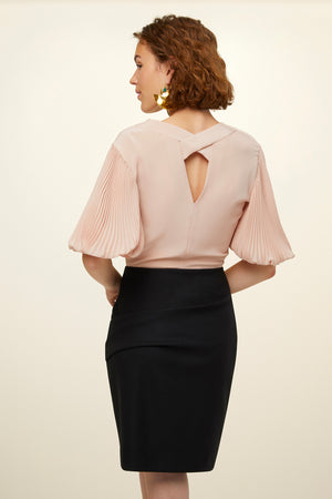 Pleated sleeve silk and wool mini dress