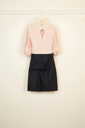 Pleated sleeve silk and wool mini dress