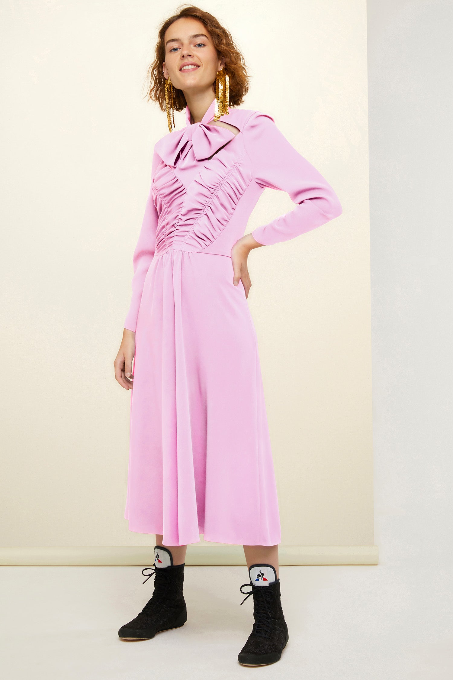 Patou - Cut-out bow collar midi dress - Lilac - New directions: the cut-out neckline.Black polyester cady midi dress. High collar with bow embellishment and cut-outs. Ruched panels at the front. Zip fastening at the back. Fully lined.
