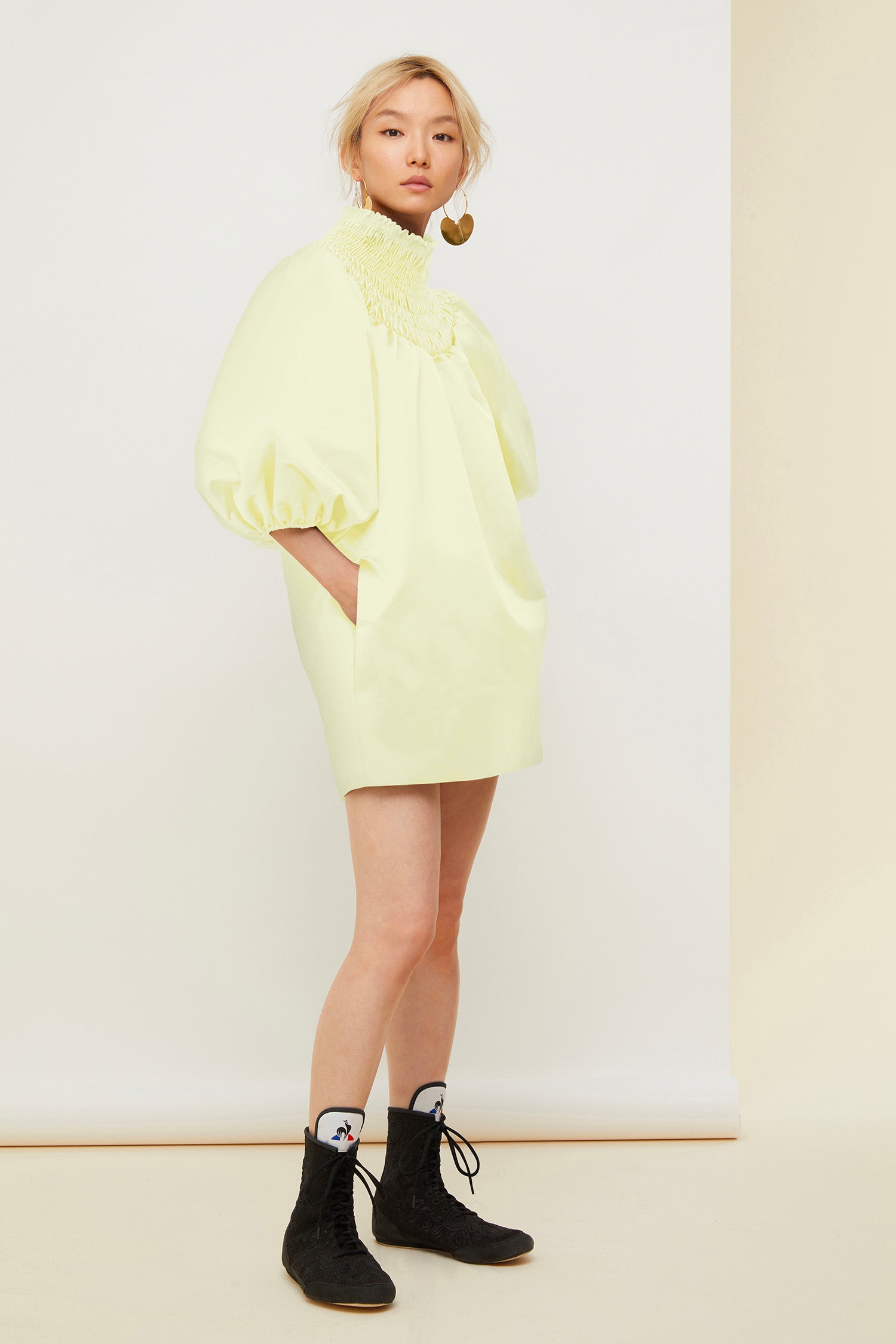 Patou - Smock collar satin mini dress - Straw Yellow - Smocks radiate around the neck.Duchesse satin dress with a sunray smocked collar. Puff sleeves with elasticated cuffs. Two concealed pockets at the sides.