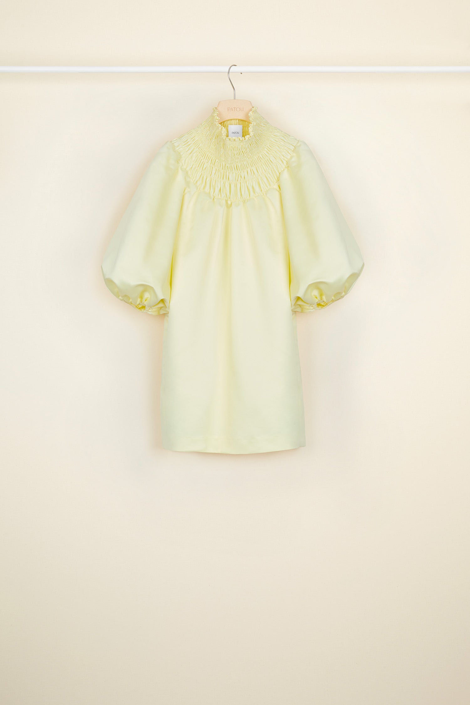 Patou - Smock collar satin mini dress - Straw Yellow - Smocks radiate around the neck.Duchesse satin dress with a sunray smocked collar. Puff sleeves with elasticated cuffs. Two concealed pockets at the sides.
