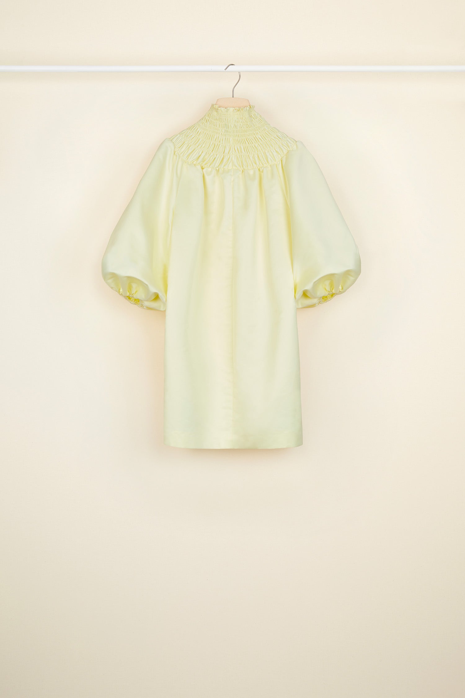 Patou - Smock collar satin mini dress - Straw Yellow - Smocks radiate around the neck.Duchesse satin dress with a sunray smocked collar. Puff sleeves with elasticated cuffs. Two concealed pockets at the sides.