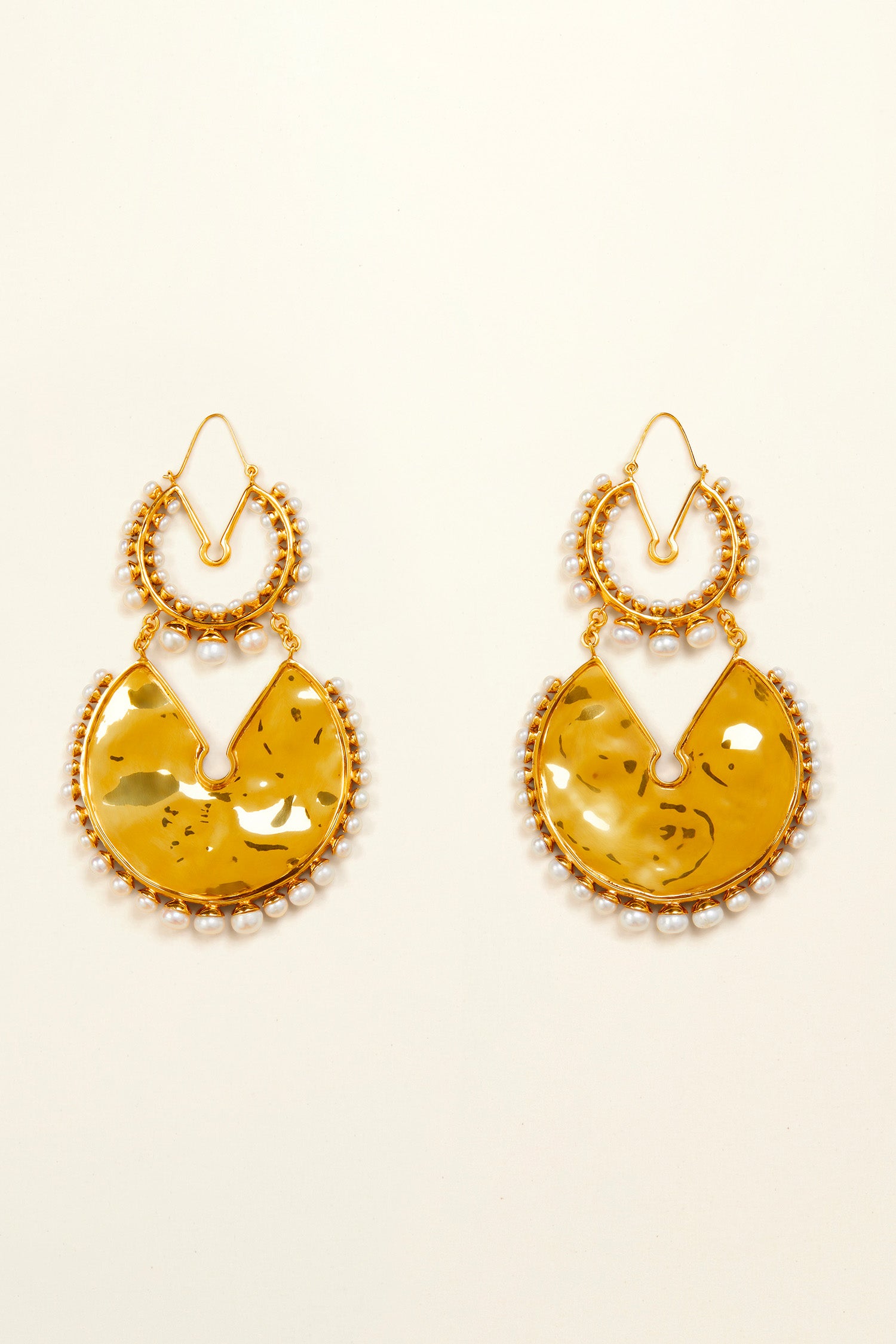 Patou - Double brass and pearl hoop earrings - Gold - Double hoop, twice the style. Gold-plated brass and pearl earrings. Large hoop with hammered brass plate in the centre attached to a smaller hoop at the top.