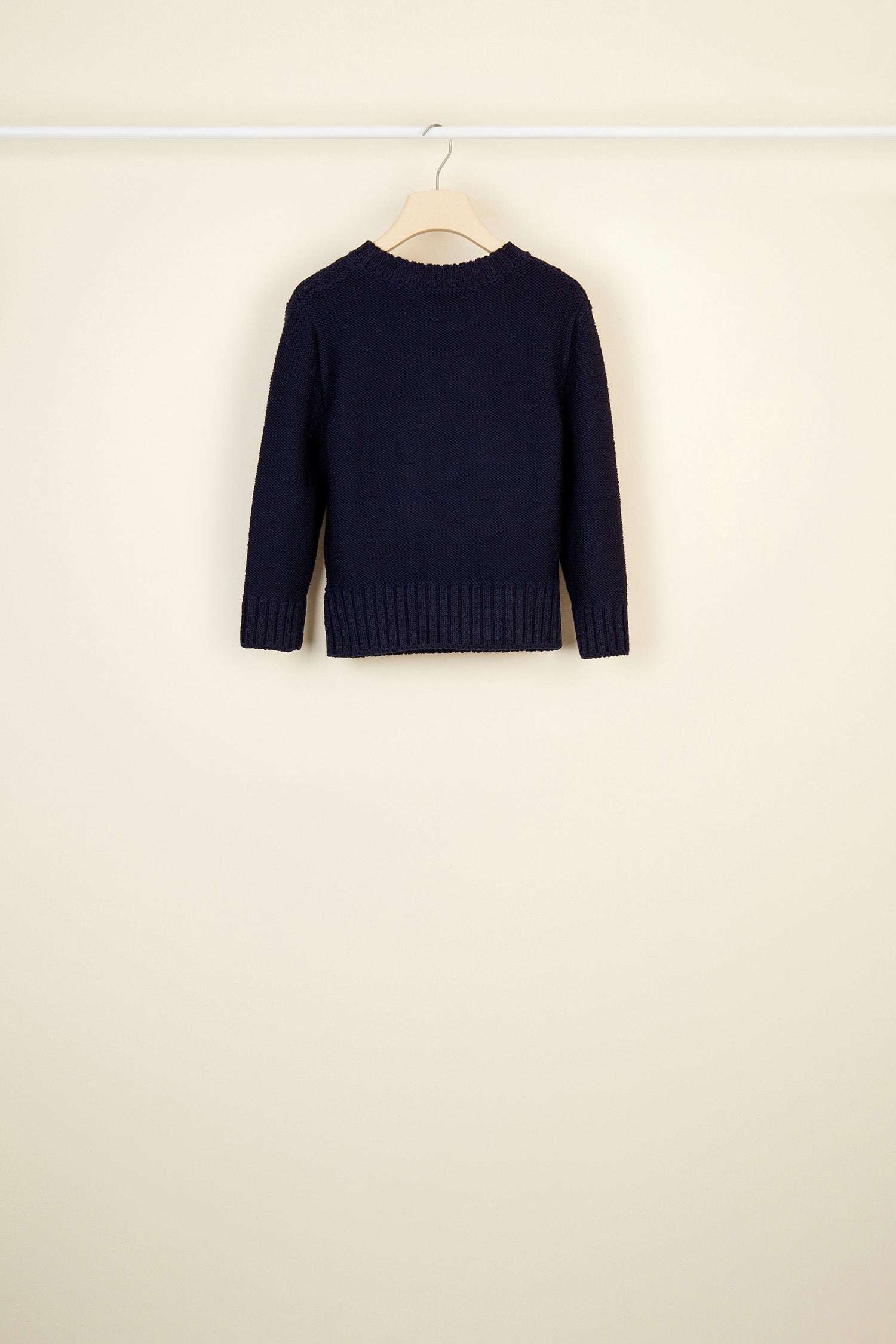Patou - Perfume bottle wool jumper - Navy - The irresistible scent of amour.  Navy wool jumper with intarsia motif featuring &amp;quot;Amour Amour&amp;quot;, the iconic parfum created by Jean Patou in 1925. Fitted style with a round neck and three-quarter sleeves. Ribbed collar, waistband and cuffs.