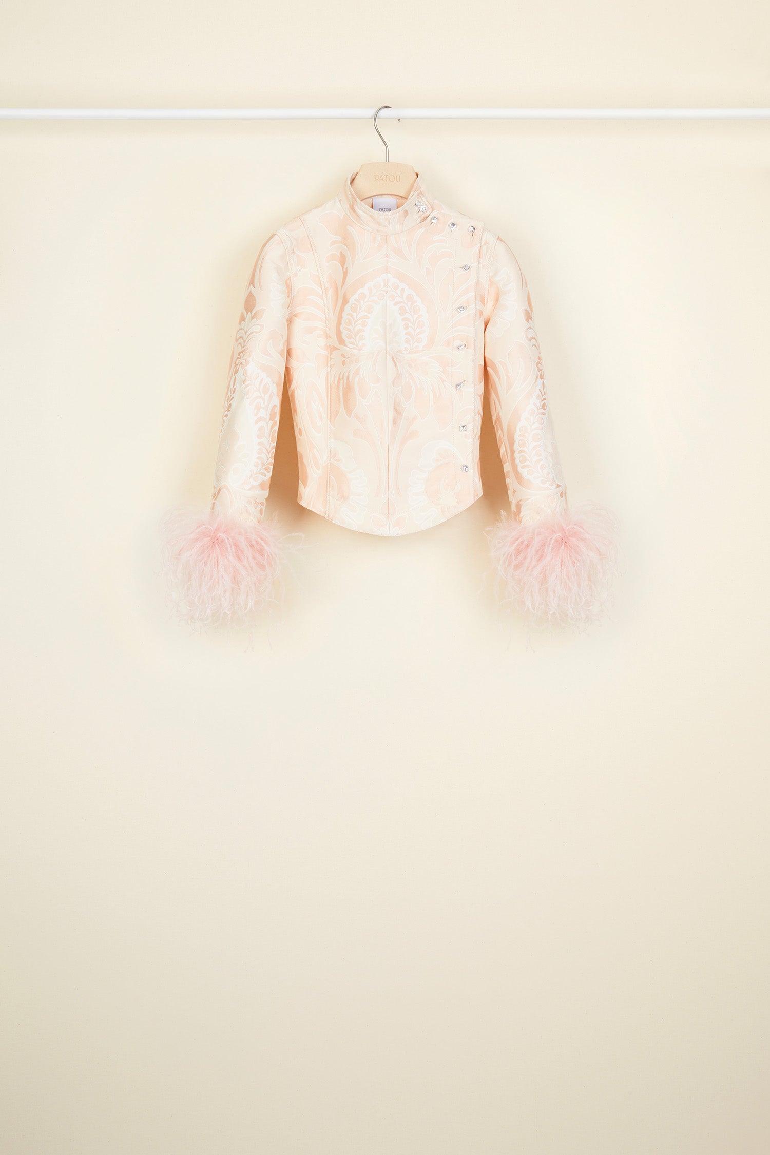 Patou - Feather-embellished silk brocade jacket - Peach Blossom - Brocade is timeless, feathers are forever!Cropped silk brocade jacket inspired by fencing uniforms. High collar and bejewelled buttons at the side. Removable ostrich feathers at the cuffs. Self-tie martingale at the back.