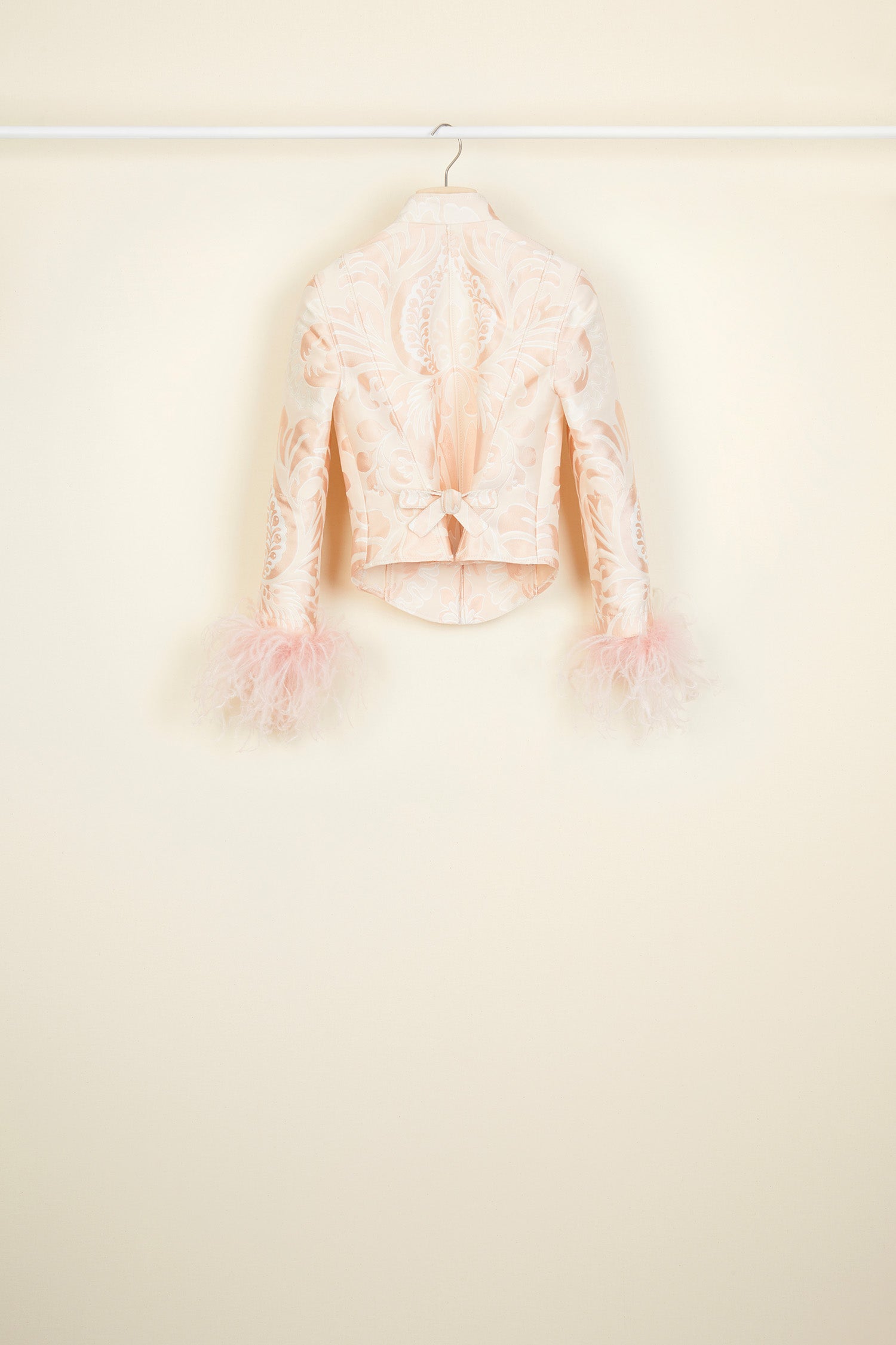 Patou - Feather-embellished silk brocade jacket - Peach Blossom - Brocade is timeless, feathers are forever!Cropped silk brocade jacket inspired by fencing uniforms. High collar and bejewelled buttons at the side. Removable ostrich feathers at the cuffs. Self-tie martingale at the back.