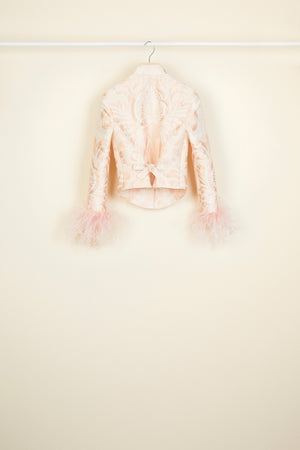 Feather-embellished silk brocade jacket