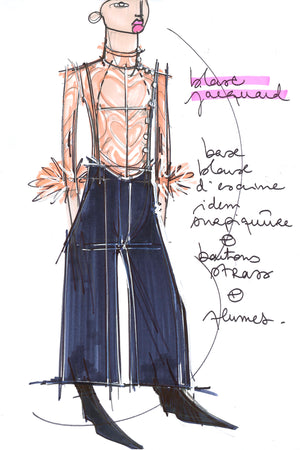Feather-embellished silk brocade jacket