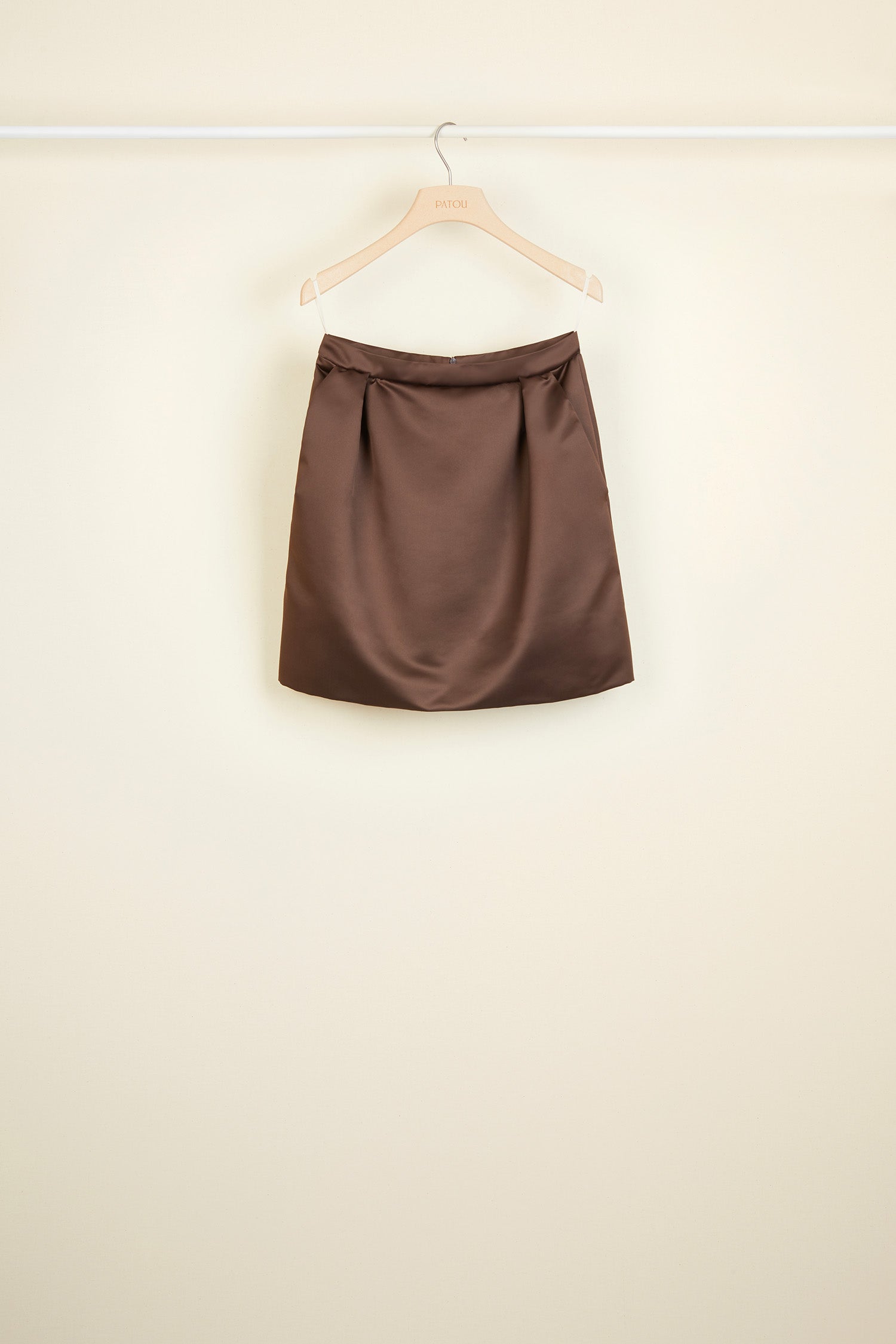 Patou - Satin tulip skirt - Havana - Say it with a tulip!  Short Havana brown duchesse satin skirt. Box pleats at the front, darts at the back. Side pockets and concealed zip fastening at the back.